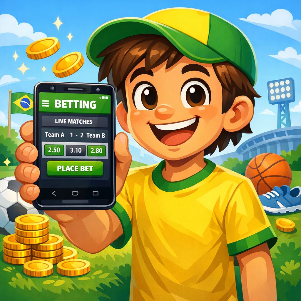Cartoon character holding a smartphone with a betting app interface and coins