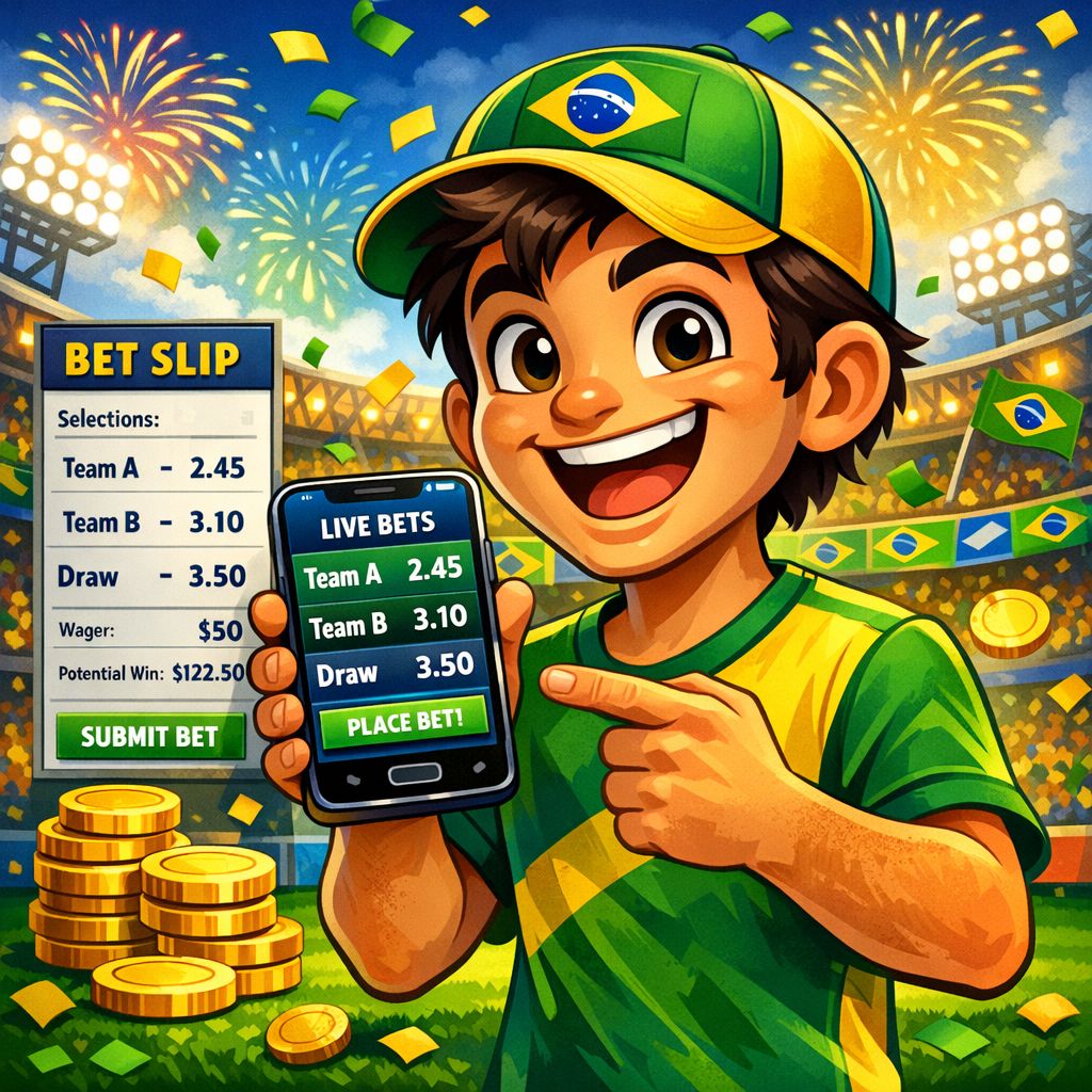 418Bet1 themed cartoon bettor with a phone showing live odds and a stadium background