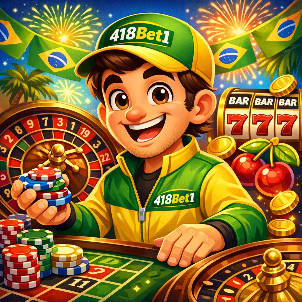 418Bet1 casino cartoon character with chips, roulette wheel, and slot symbols
