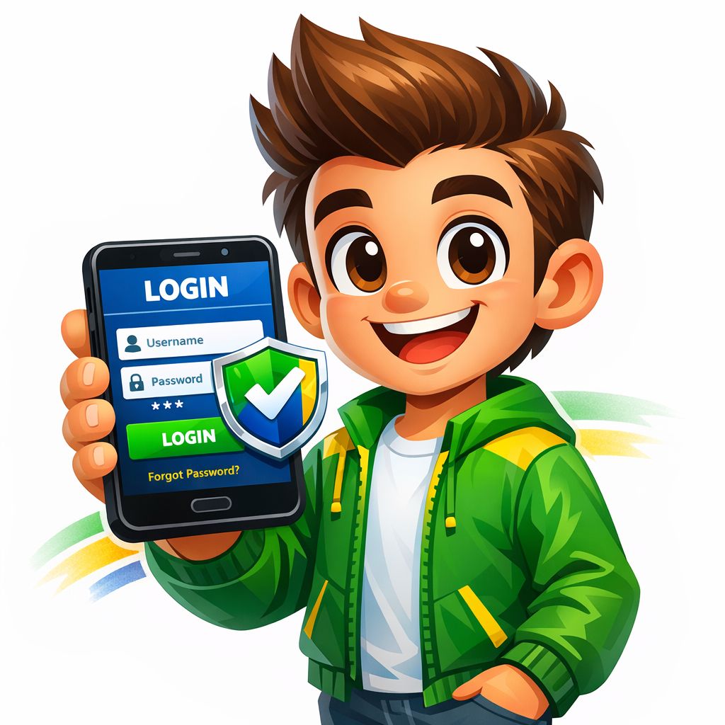 418Bet1 themed cartoon character holding a phone with a login screen and shield icon